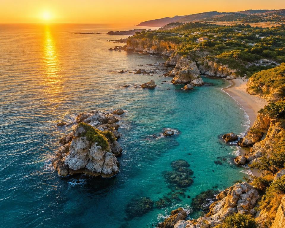 mar, drone, pôr do sol, praia