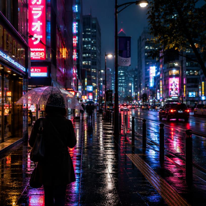 chuva, neon, noite, guarda-chuva